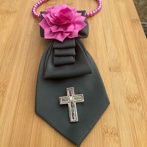 Hand Crafted Necktie Necklace Grayish Green Cross Brooch Pink Floral Accent